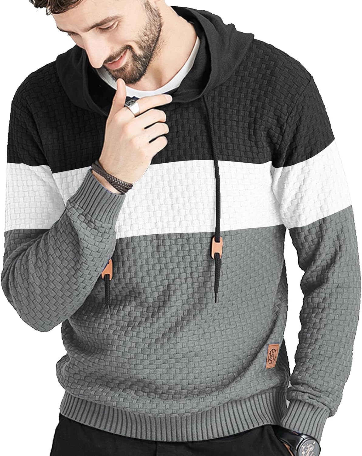 Zaitun Mens Hooded Sweatshirt Long Sleeve Solid Knitted Hoodie Pullover Sweater