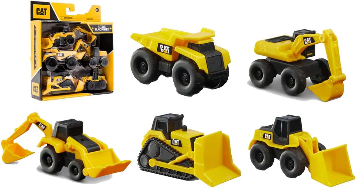 CatToysOfficial, CAT Construction Little Machines 5pk Truck Toy Set, Includes Dump Truck, Wheel Loader, Bulldozer, Backhoe, and Excavator Vehicles with Moving Parts, Cake Toppers Ages 3+