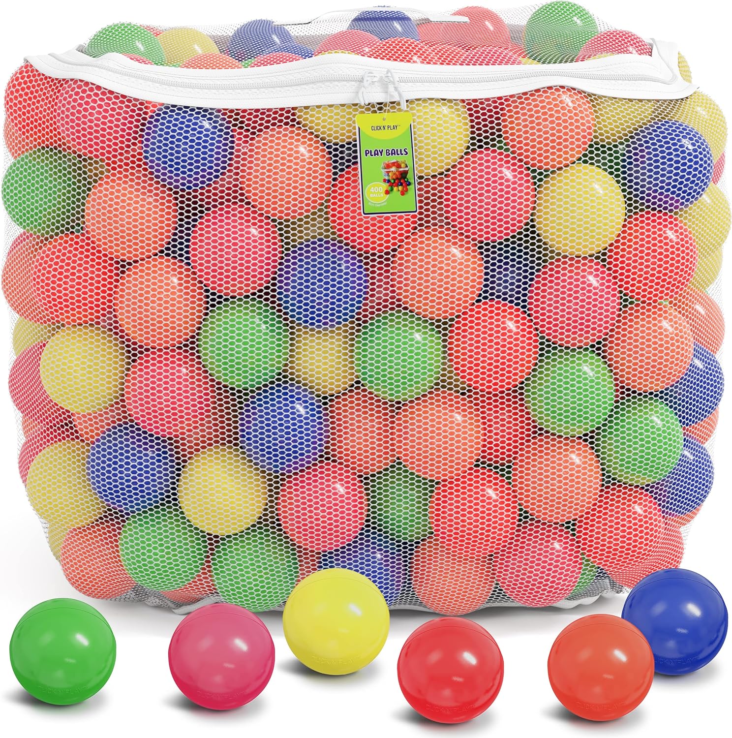 Click N Play Plastic Balls for Ball Pit, Phthalate  BPA Free, Crush Proof Play Balls for Ball Pit, Pit Balls in Assorted Colors in Reusable and Durable Storage Mesh Bag with Zipper | 200, 1000 count