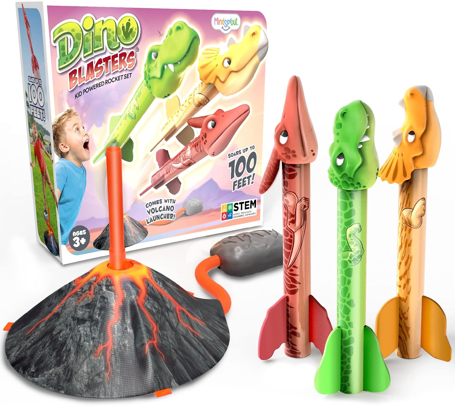 MindSprout Dino Blasters, Rocket Launcher for Kids - Launch up to 100 ft. Birthday Gift, for Boys  Girls Age 3, 4, 5, 6, 7, Years Old - Outdoor Toys, Family Fun, Dinosaur Toy, Kids Toys