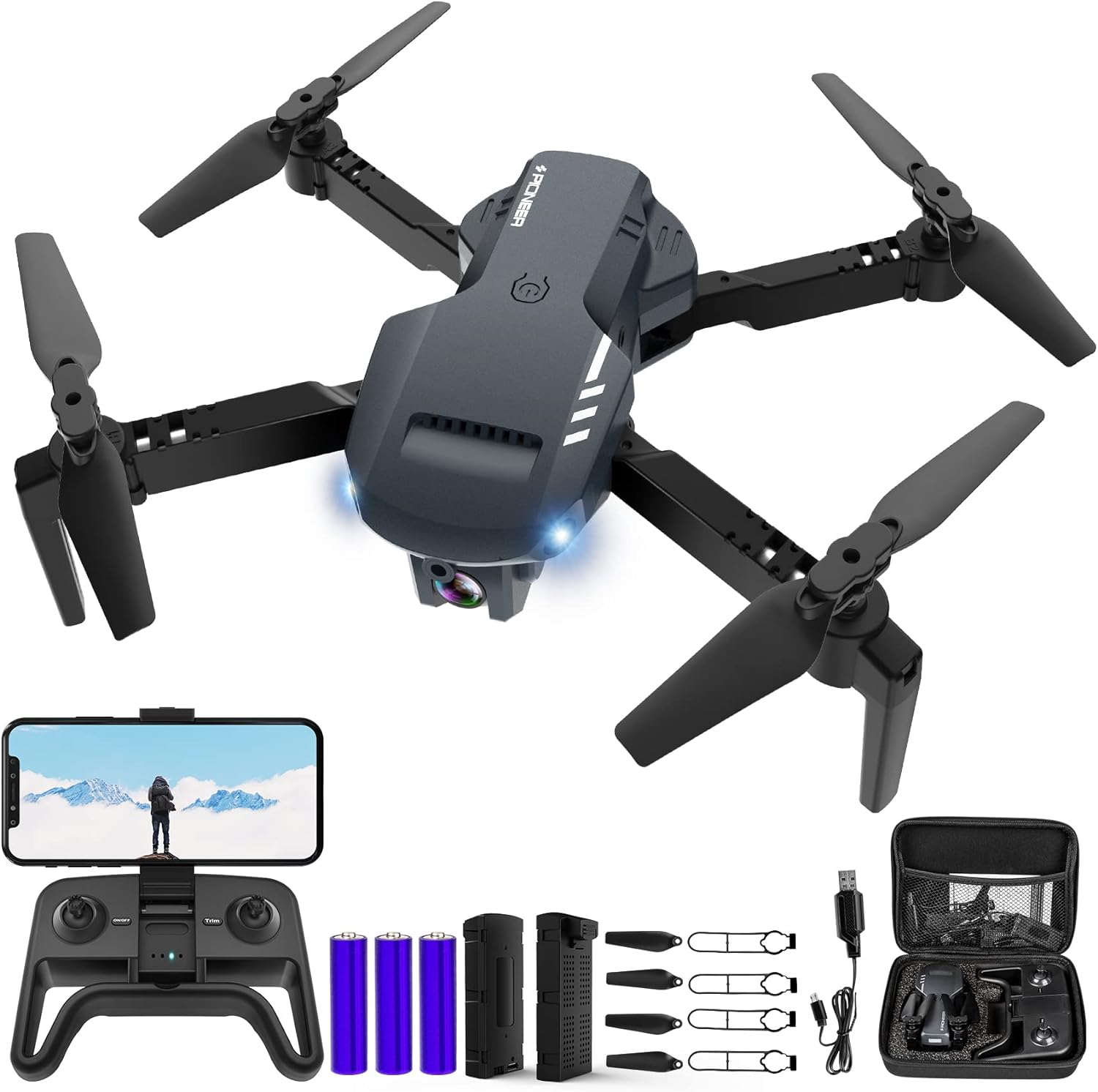 RADCLO Mini Drone with Camera - 1080P HD FPV Foldable Carrying Case, 2 Batteries, 90° Adjustable Lens, One Key Take Off/Land, Altitude Hold, 360° Flip, Toys Gifts for Kids, Adults, beginner