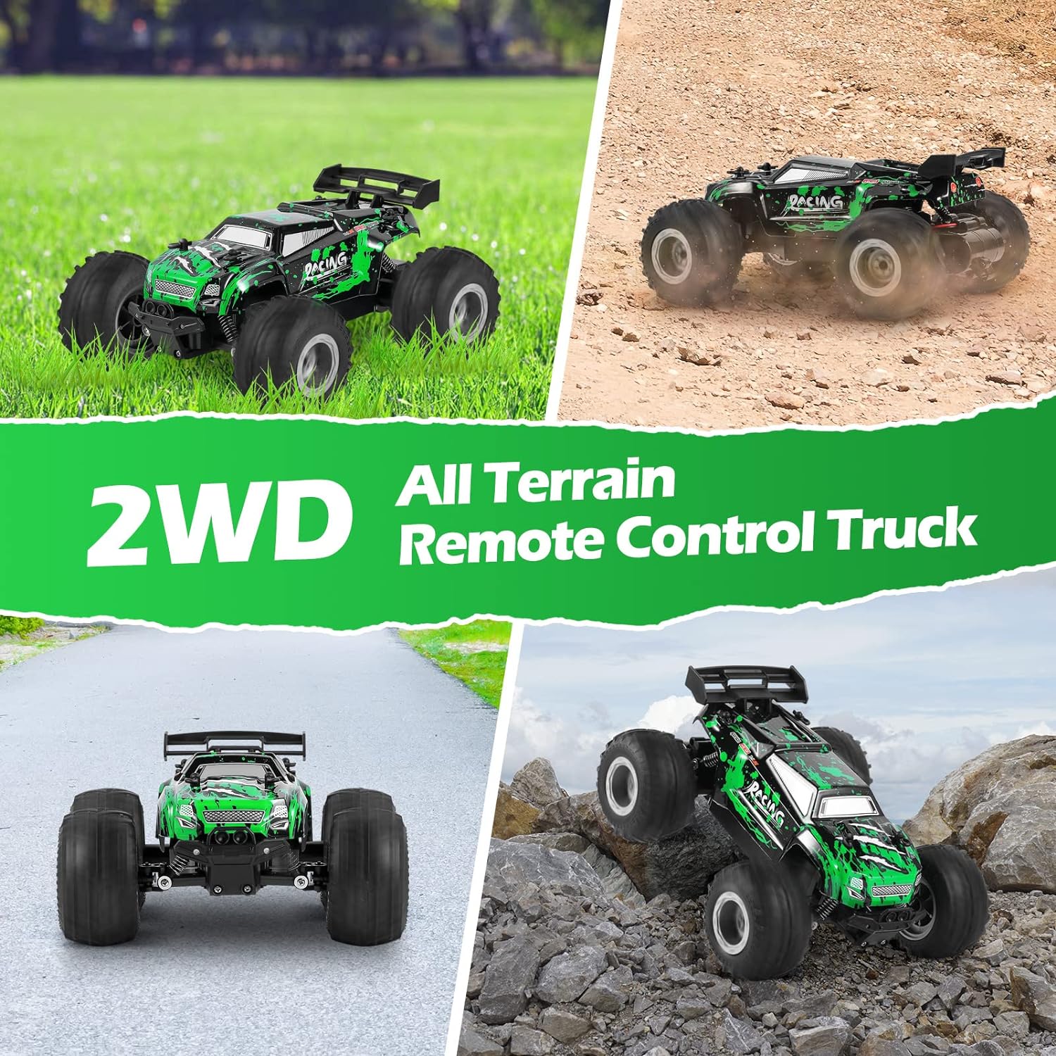 Rcjoyou RC Cars,All Terrain Remote Control Car,2WD 2.4 GHz Off Road High Speed 20 Km/h RC Monster Truck Racing Cars with LED Headlight and Two Batteries, Xmas Gifts for Kid and Adults