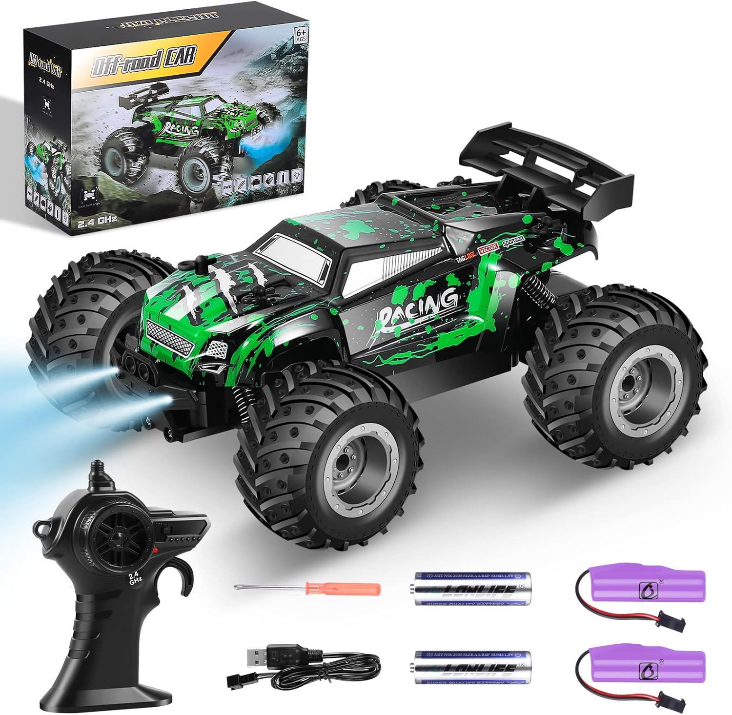 Rcjoyou RC Cars,All Terrain Remote Control Car,2WD 2.4 GHz Off Road High Speed 20 Km/h RC Monster Truck Racing Cars with LED Headlight and Two Batteries, Xmas Gifts for Kid and Adults