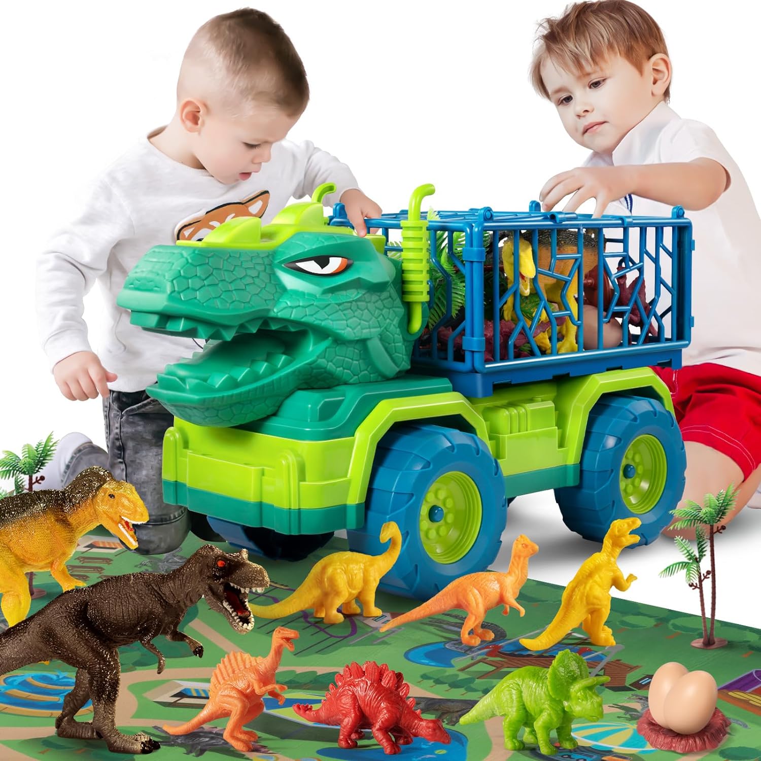 TEMI Dinosaur Truck Toys for Kids 3-5 Years, Tyrannosaurus Transport Car Carrier Truck with 8 Dino Figures, Activity Play Mat, Dinosaur Eggs, Trees, Capture Jurassic Play Set for Boys and Girls