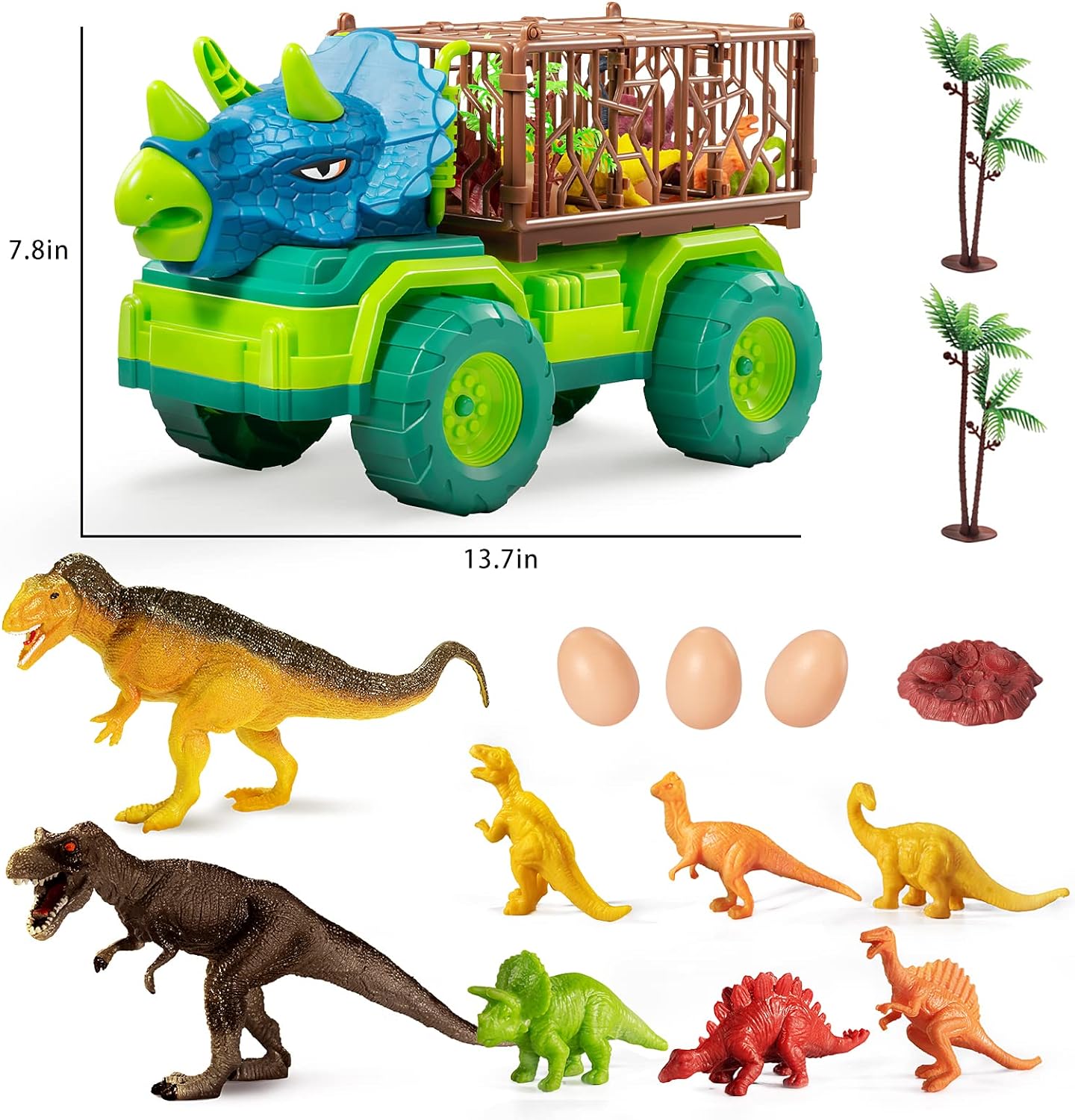 TEMI Dinosaur Truck Toys for Kids 3-5 Years, Tyrannosaurus Transport Car Carrier Truck with 8 Dino Figures, Activity Play Mat, Dinosaur Eggs, Trees, Capture Jurassic Play Set for Boys and Girls