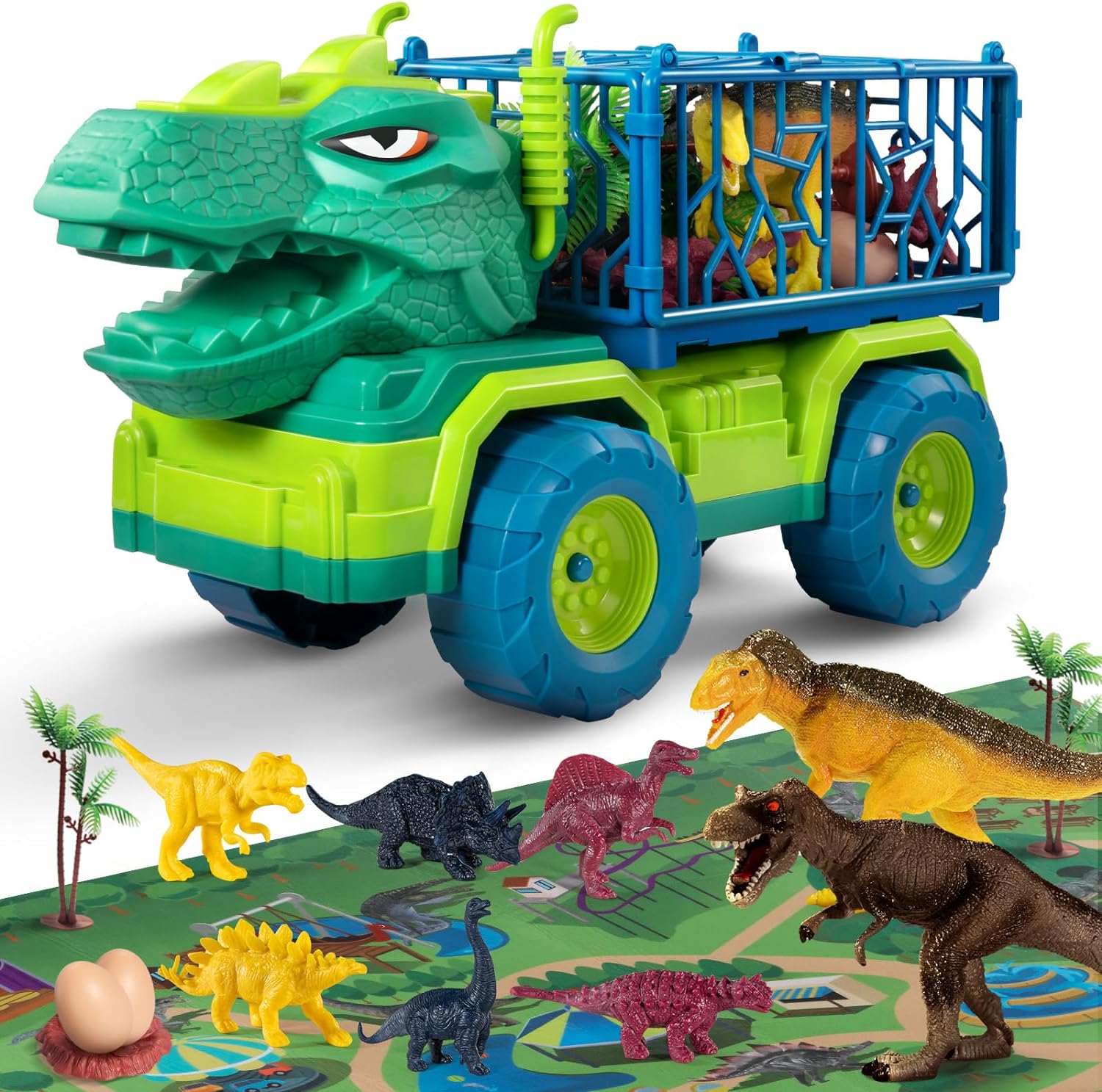 TEMI Dinosaur Truck Toys for Kids 3-5 Years, Tyrannosaurus Transport Car Carrier Truck with 8 Dino Figures, Activity Play Mat, Dinosaur Eggs, Trees, Capture Jurassic Play Set for Boys and Girls