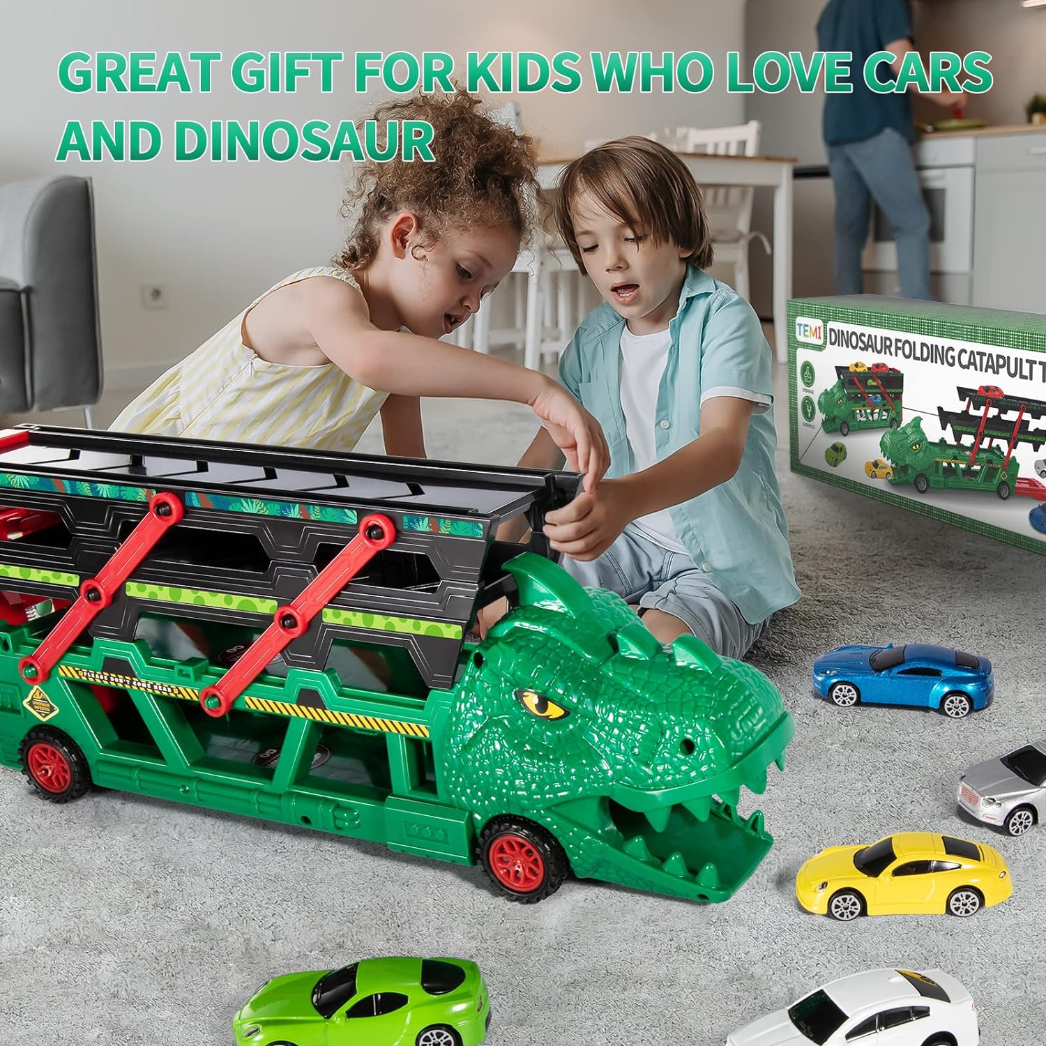 TEMI Dinosaur Truck Toys for Kids 3-5 Years, Tyrannosaurus Transport Car Carrier Truck with 8 Dino Figures, Activity Play Mat, Dinosaur Eggs, Trees, Capture Jurassic Play Set for Boys and Girls