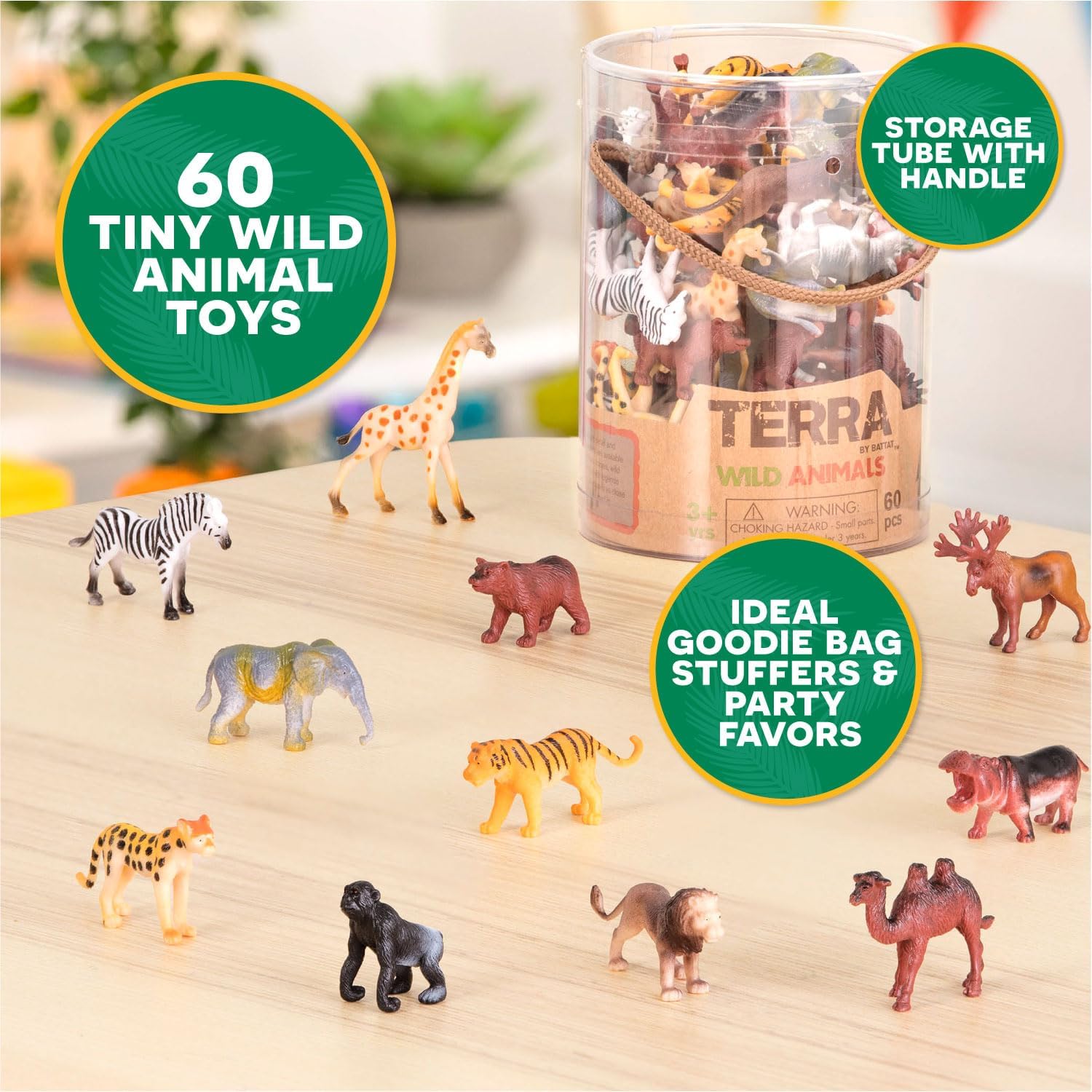 Terra by Battat – 60 Pcs Wild Creatures Tube – Realistic Mini Animal Figurines – Lion, Hippo, Tiger, Bear  More Safari Animals – Plastic Educational Toys for Kids and Toddlers 3 Years +