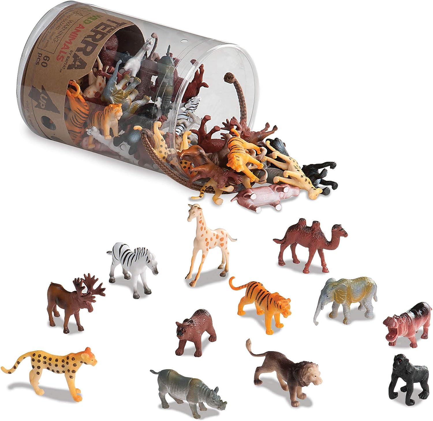 Terra by Battat – 60 Pcs Wild Creatures Tube – Realistic Mini Animal Figurines – Lion, Hippo, Tiger, Bear  More Safari Animals – Plastic Educational Toys for Kids and Toddlers 3 Years +