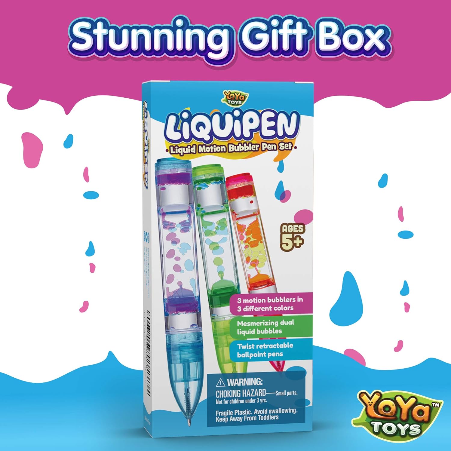 Yoya Liquipen - Liquid Motion Bubbler Pens Sensory Toy (3 Pack) - Writes Like a Regular Pen - Colorful Timer Pens Great for Stress and Anxiety Relief - Cool Fidget Toys for Kids and Adults