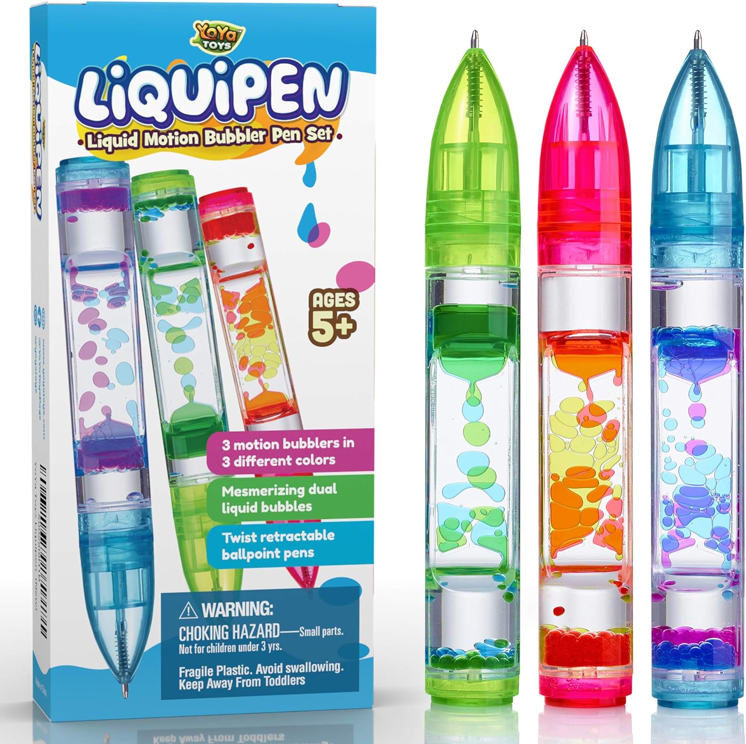 Yoya Liquipen - Liquid Motion Bubbler Pens Sensory Toy (3 Pack) - Writes Like a Regular Pen - Colorful Timer Pens Great for Stress and Anxiety Relief - Cool Fidget Toys for Kids and Adults